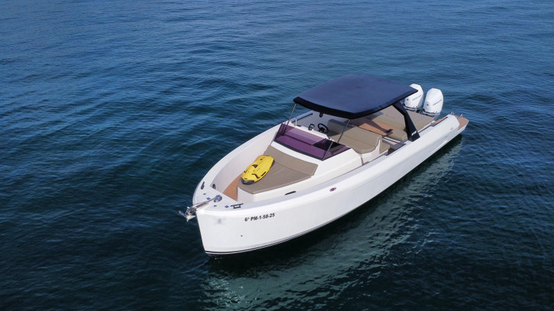 A motorboat with a canopy is floating on a calm blue sea.